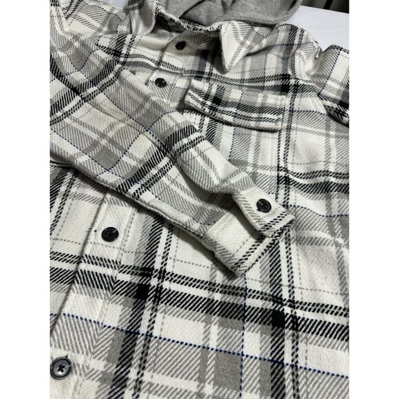 Zara Men's Plaid Shacket Button Up Hooded Shirt Jacket Cream Gray Black size L - Picture 7 of 12